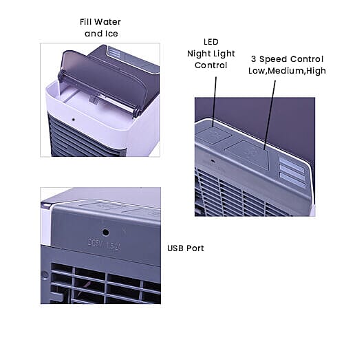 3 -In -1 Portable Air Cooler, Humidifier and Purifier with Colour Changing LED and USB Cable - White-Grey