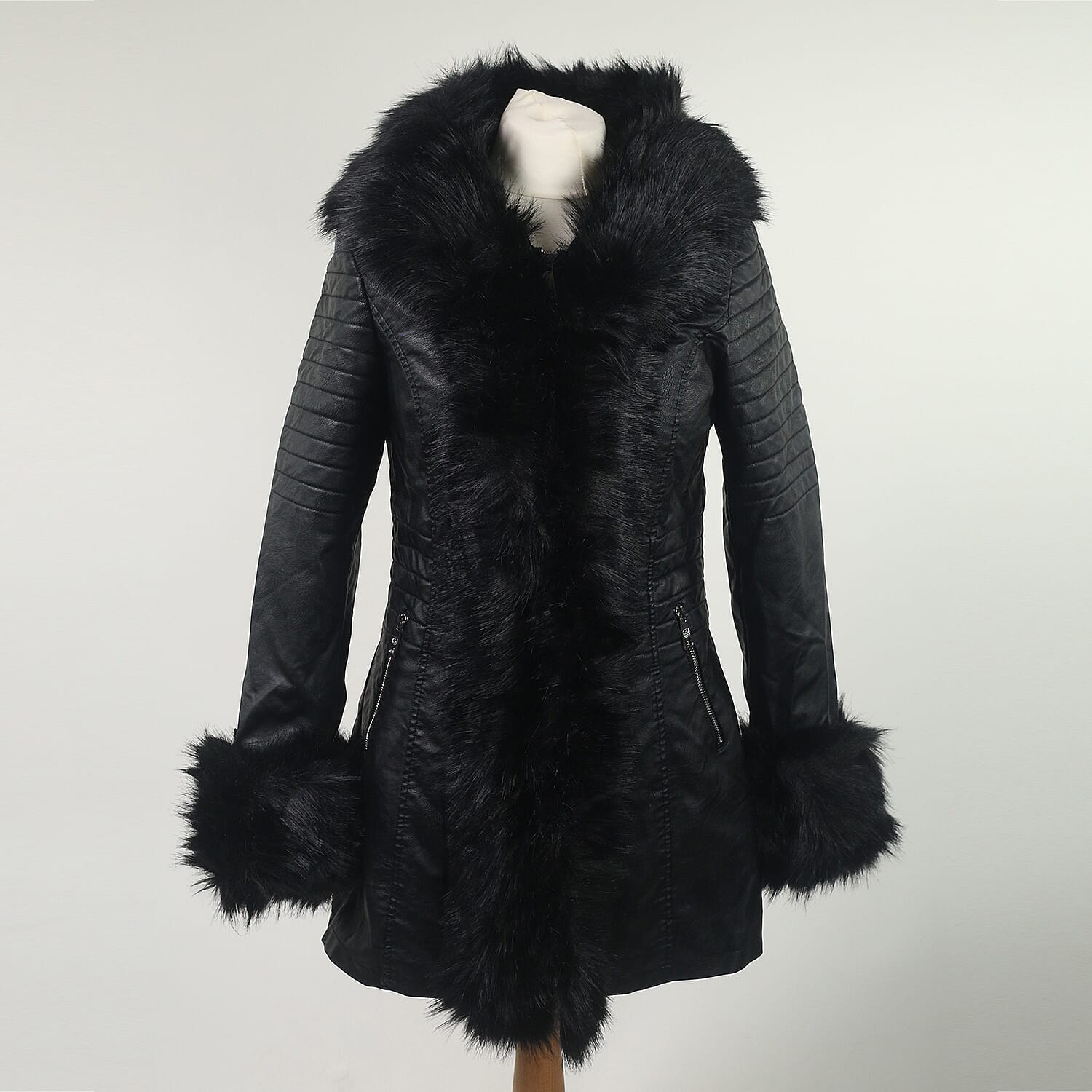 Black Hooded Faux Leather Jacket with Faux Fur Trim Collar and Cuffs (Size 8)