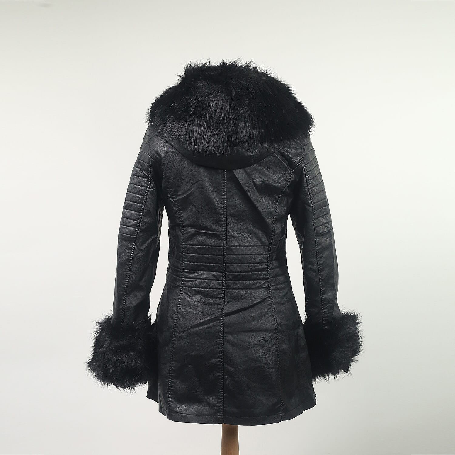 Black Hooded Faux Leather Jacket with Faux Fur Trim Collar and Cuffs (Size 8)