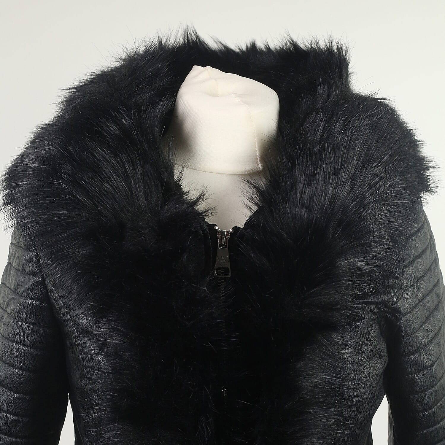Black Hooded Faux Leather Jacket with Faux Fur Trim Collar and Cuffs (Size 8)