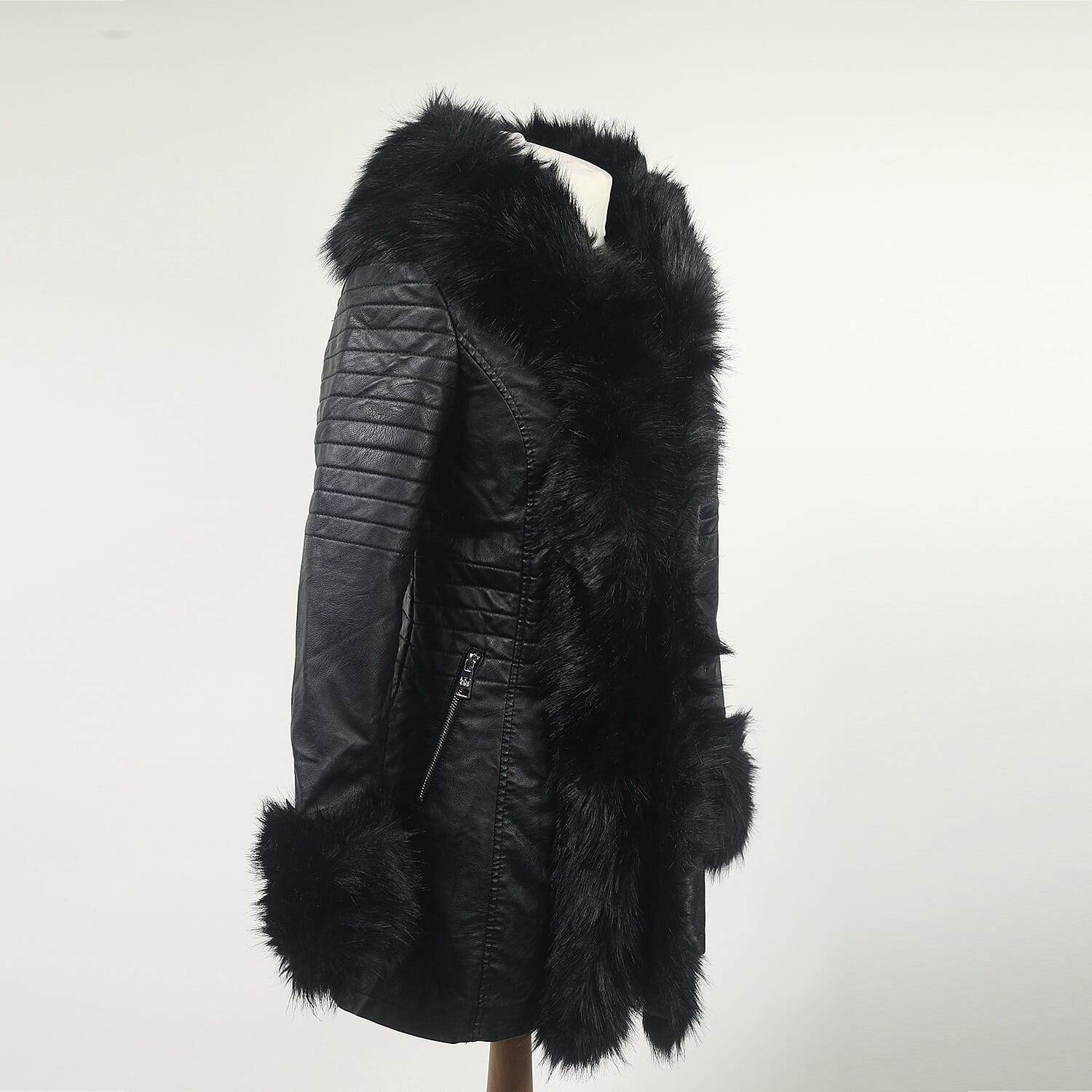 Black Hooded Faux Leather Jacket with Faux Fur Trim Collar and Cuffs (Size 8)