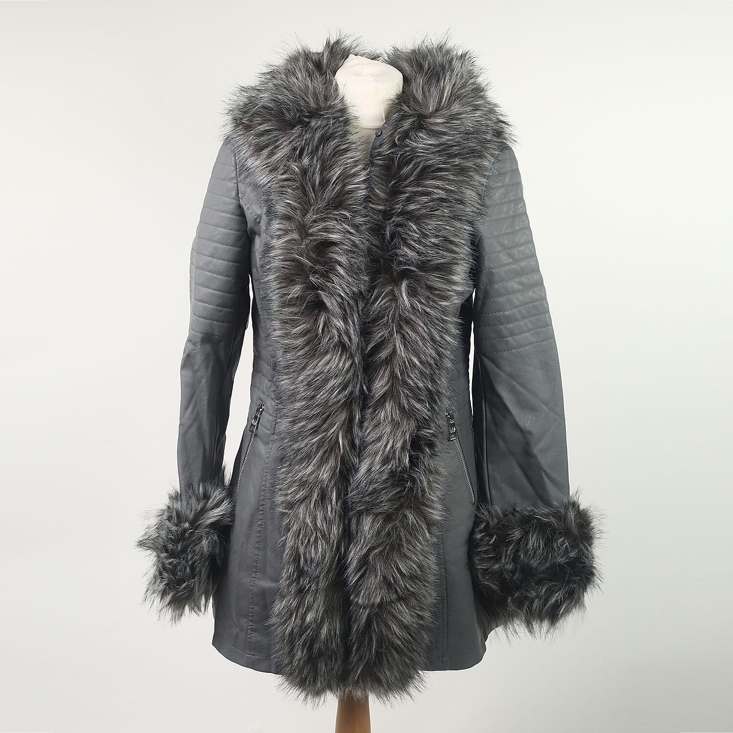 Grey Hooded Faux Leather Jacket with Faux Fur Trim Collar and Cuffs (Size 10)