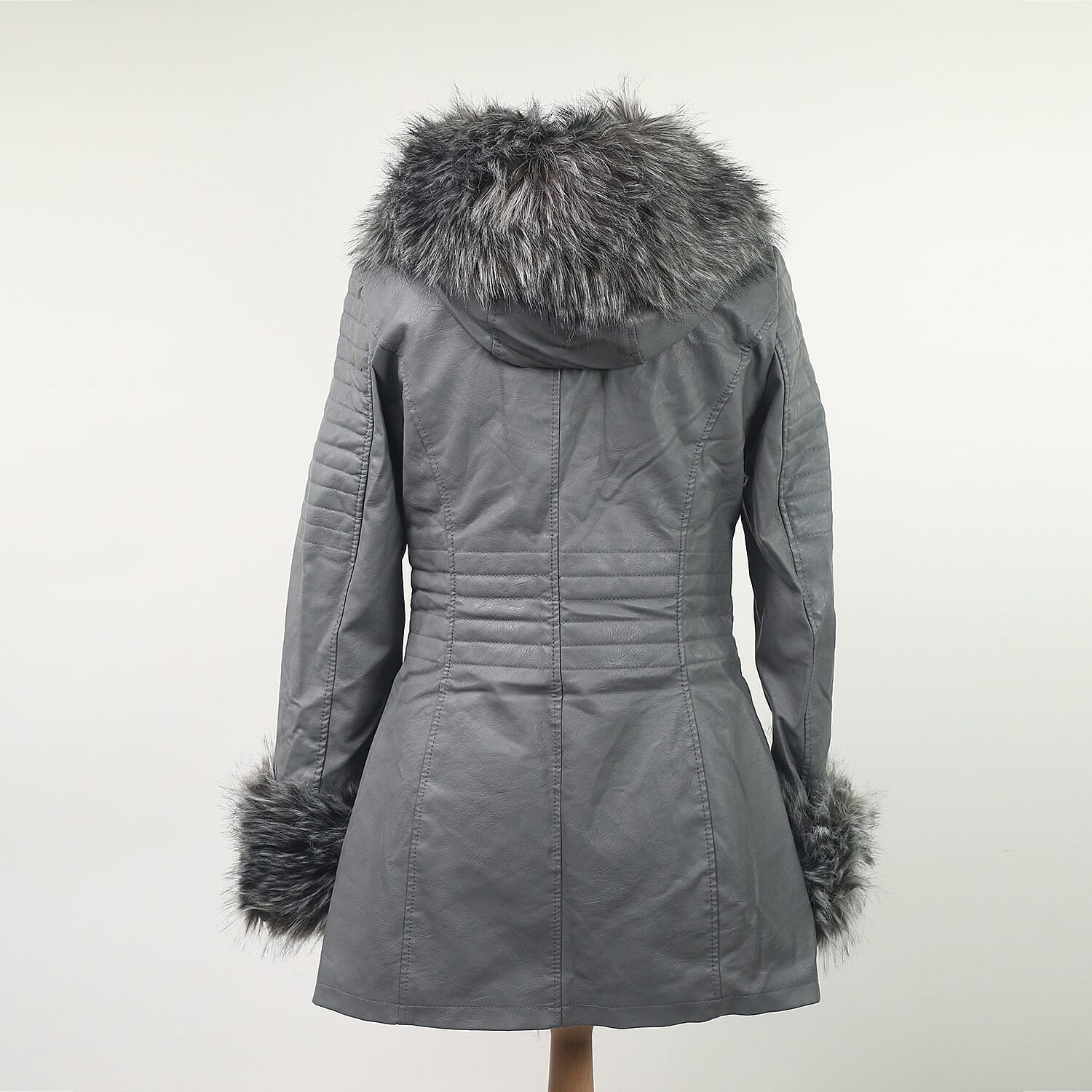 Grey Hooded Faux Leather Jacket with Faux Fur Trim Collar and Cuffs (Size 10)
