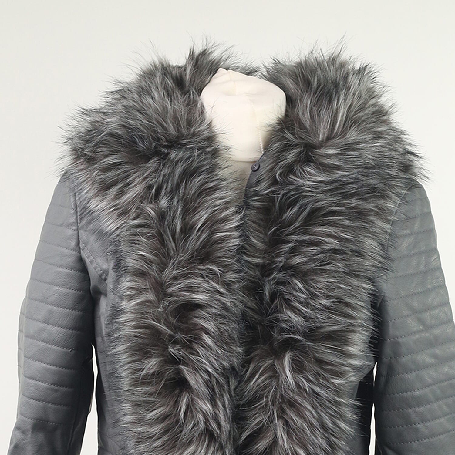 Grey Hooded Faux Leather Jacket with Faux Fur Trim Collar and Cuffs (Size 12)