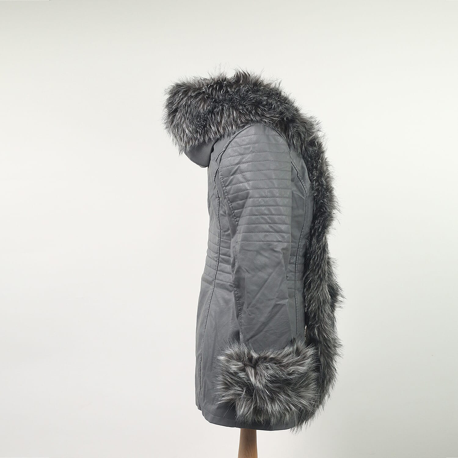 Grey Hooded Faux Leather Jacket with Faux Fur Trim Collar and Cuffs (Size 12)