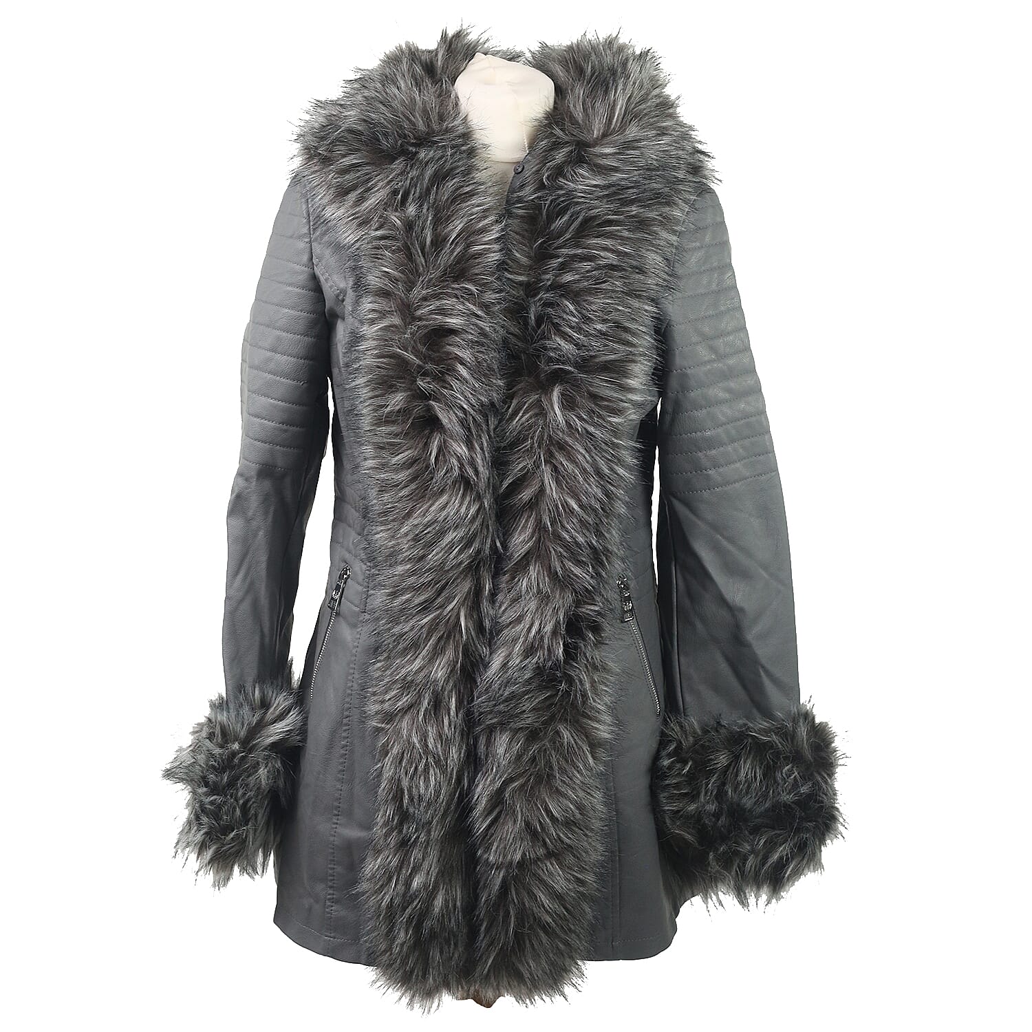 Grey Hooded Faux Leather Jacket with Faux Fur Trim Collar and Cuffs (Size 8)