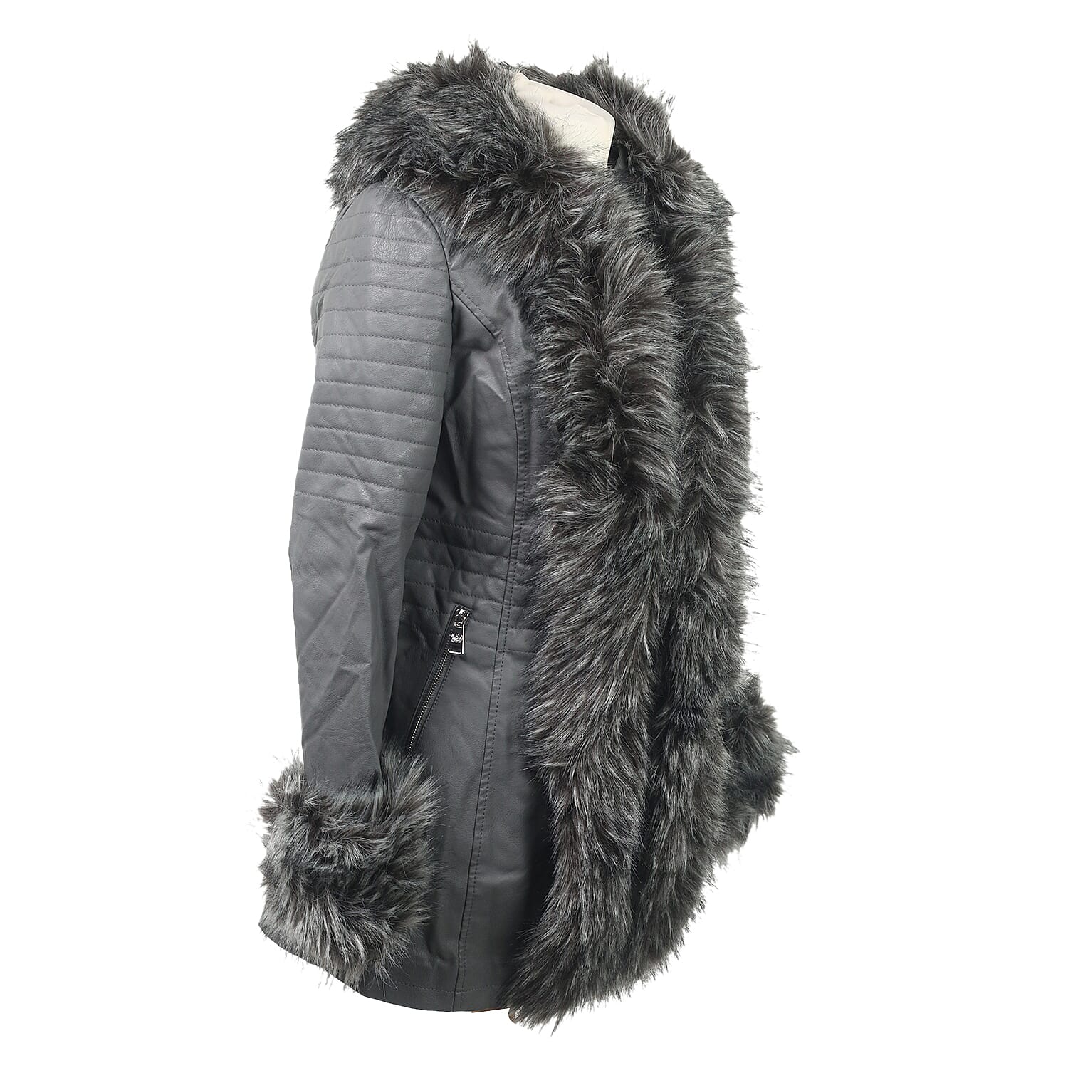 Grey Hooded Faux Leather Jacket with Faux Fur Trim Collar and Cuffs (Size 8)