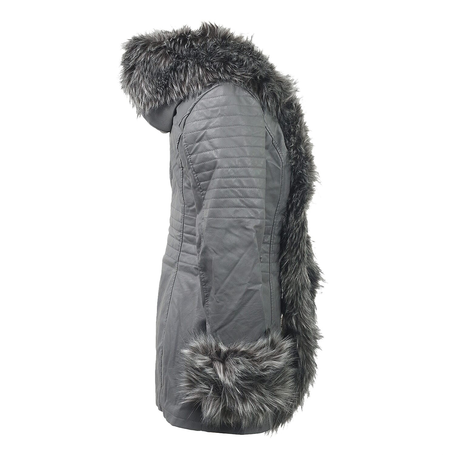 Grey Hooded Faux Leather Jacket with Faux Fur Trim Collar and Cuffs (Size 8)