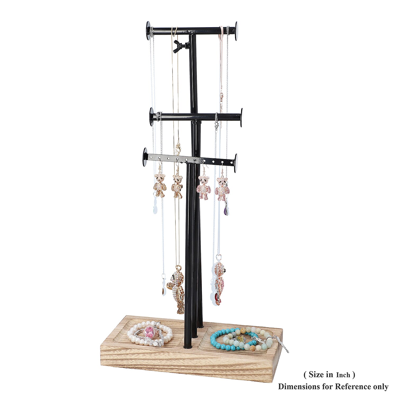 3 Tier Jewellery Stand in Black Colour with Wooden Base