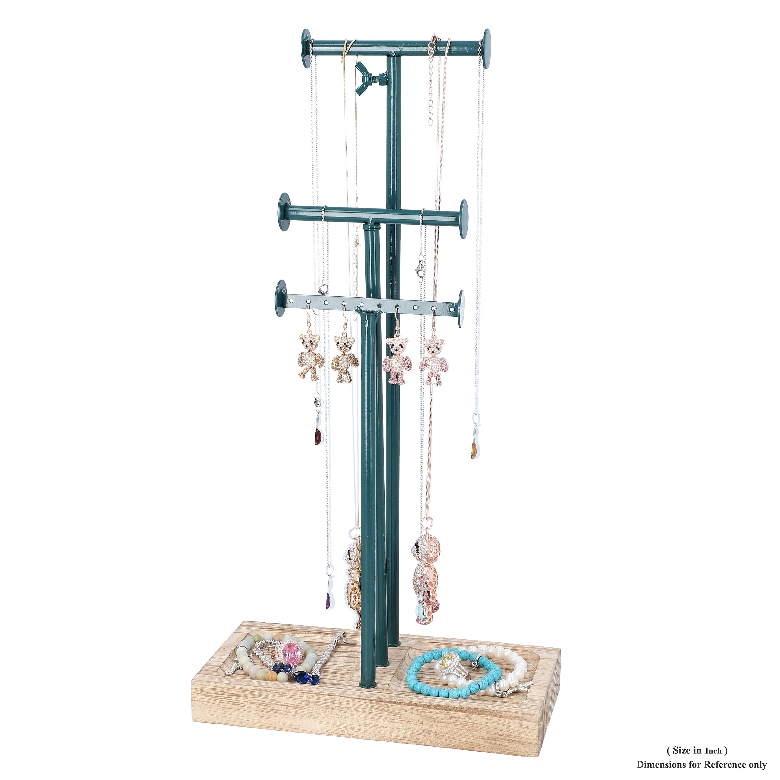 3 Tier Jewellery Stand in Teal Colour with Wooden Base