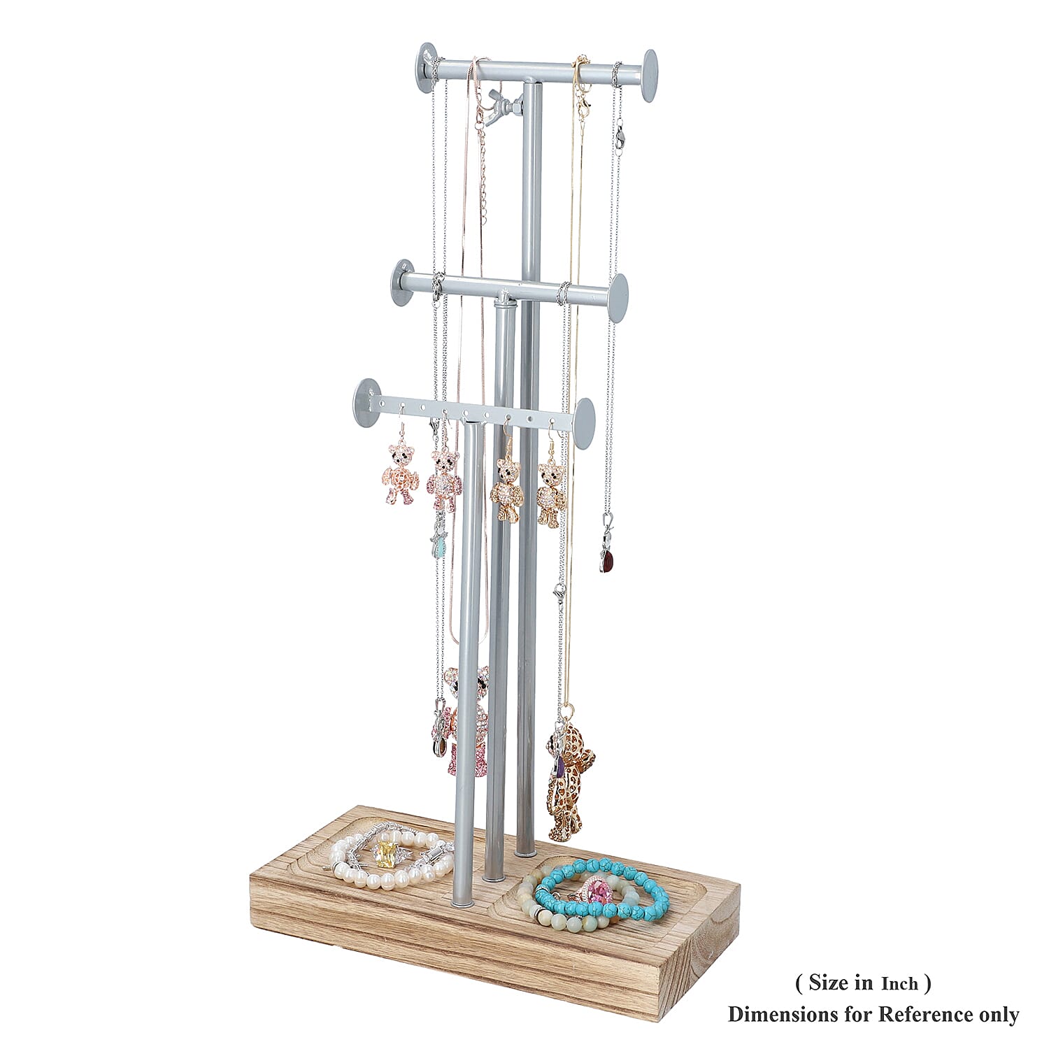 3 Tier Jewellery Stand in Silver Colour with Wooden Base