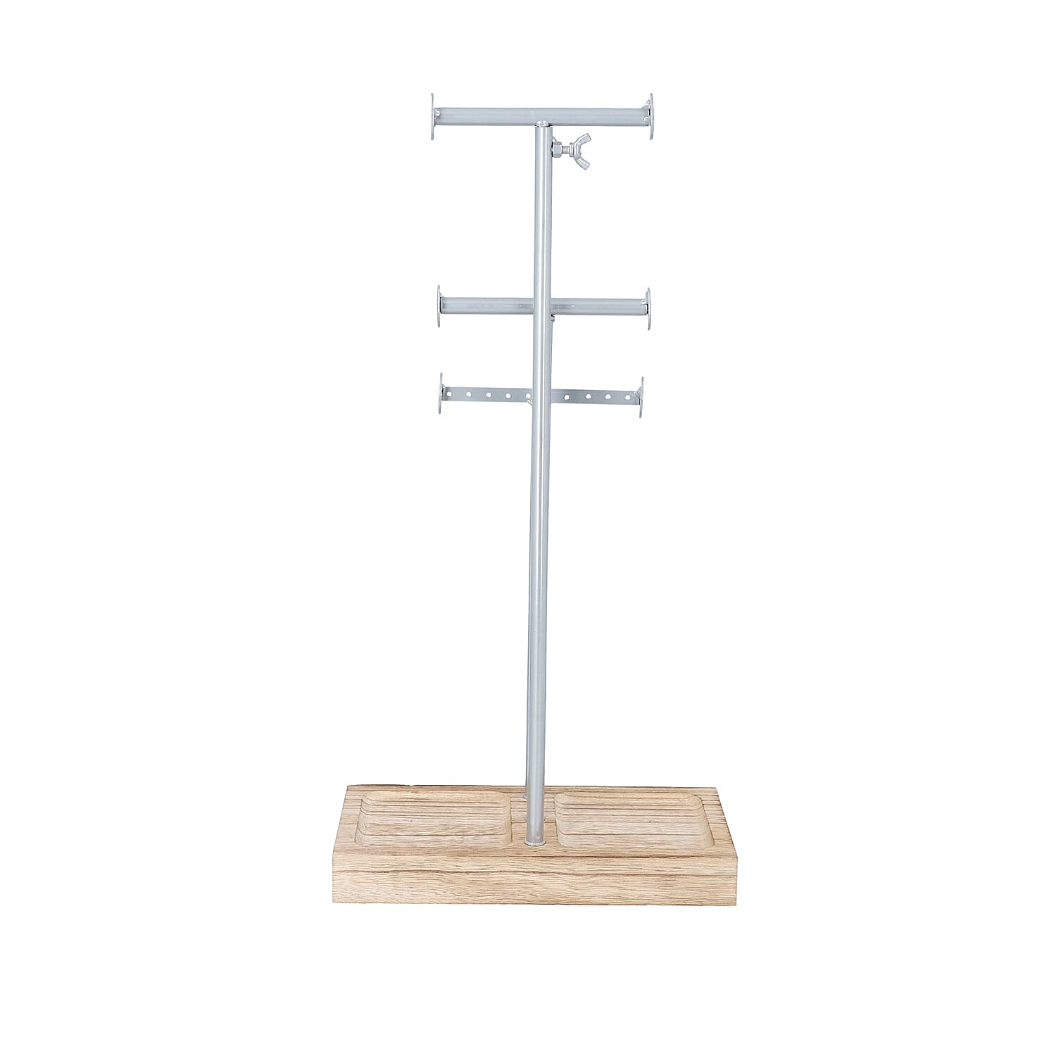 3 Tier Jewellery Stand in Silver Colour with Wooden Base