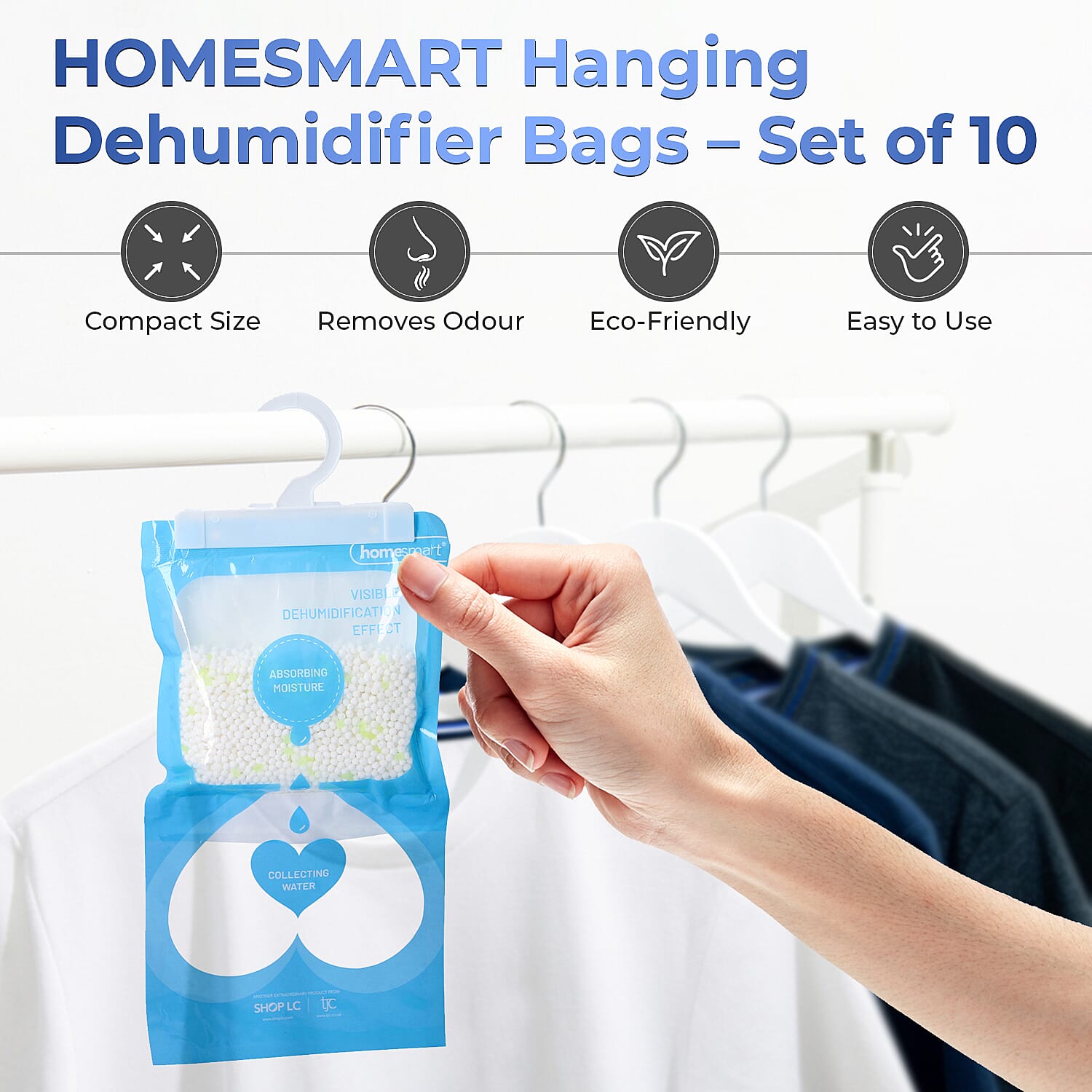 Set of 10 - HOMESMART Hanging Dehumidifier Bags - Absorb Moisture, Reduce Mould And Mildew (220gx10)