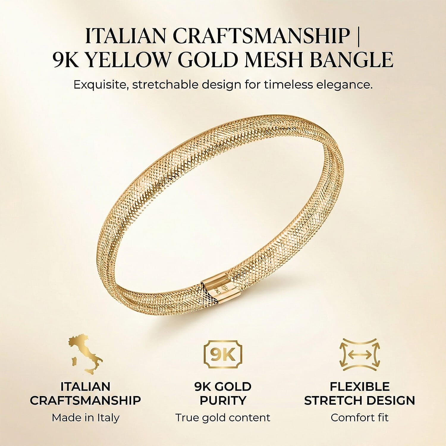 Maestro Collection - Italian Made 9K Yellow Gold Mesh Stretchable Bangle