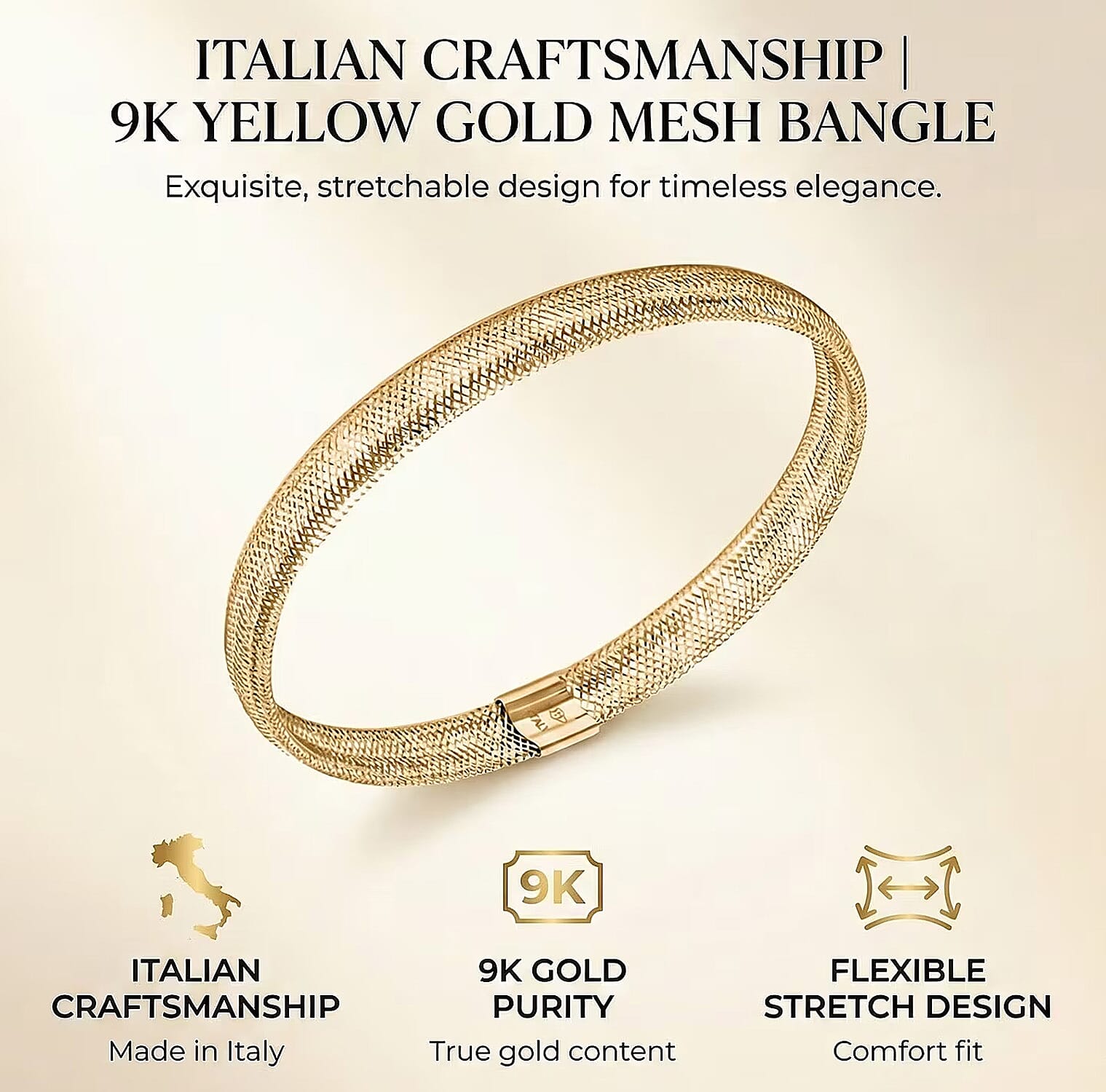 Maestro Collection - Italian Made 9K Yellow Gold Mesh Stretchable Bangle