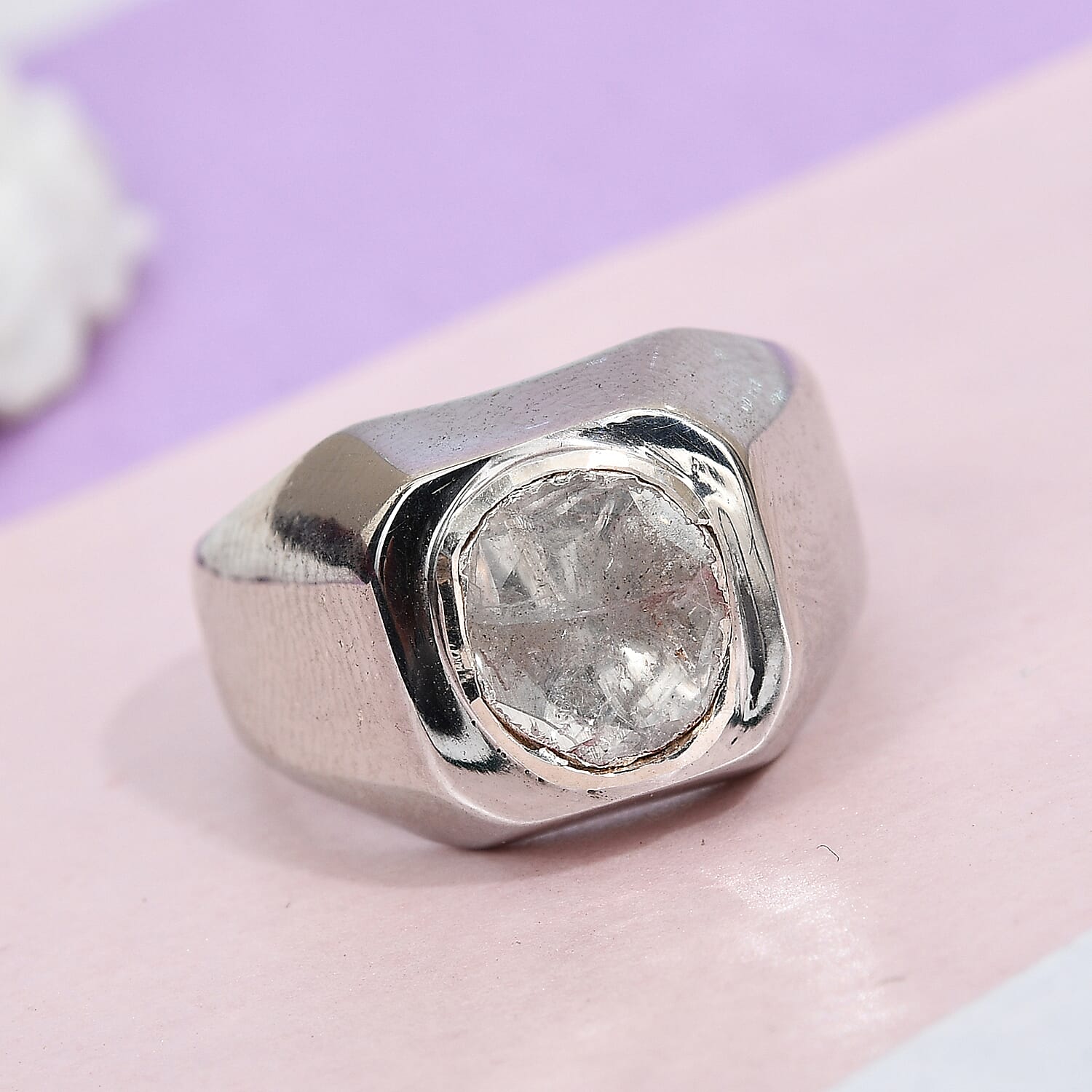 Artisan Crafted Polki Diamond Ring in Platinum Overlay Sterling Silver 0.33 Ct, Silver wt 8.00 Gms