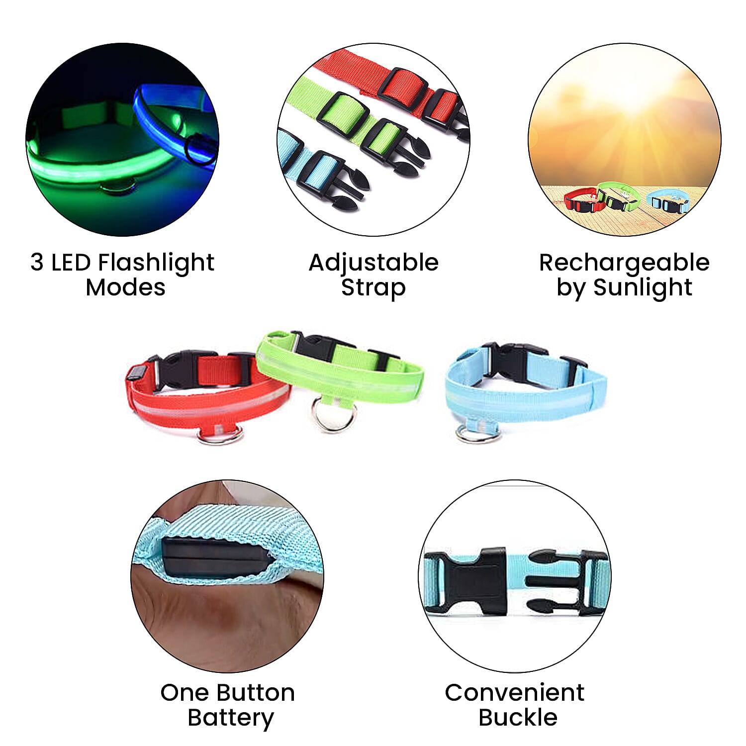 Set of 3 Adjustabe LED Pet Collars (Size S, 40-35cm) - Red, Blue and Green