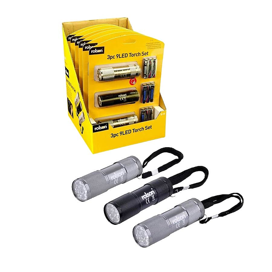 ROLSON 3 Piece - 9 LED Aluminium Torch Set (with 9 AAA Batteries)