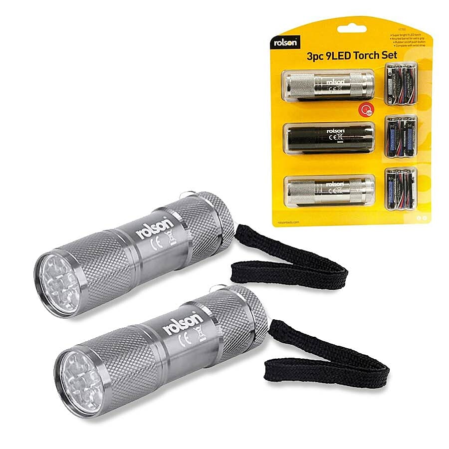 ROLSON 3 Piece - 9 LED Aluminium Torch Set (with 9 AAA Batteries)