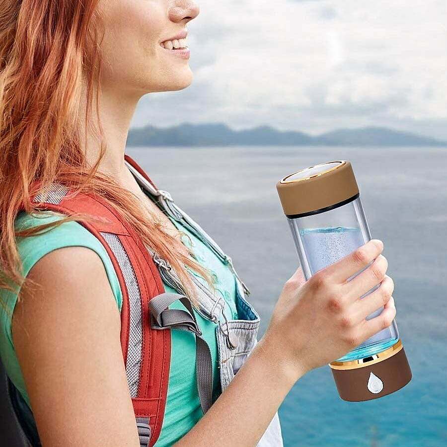 380ml Portable Hydrogen Water Generator Bottle with SPE and PEM Technology (Size 7x21 Cm) - Camel