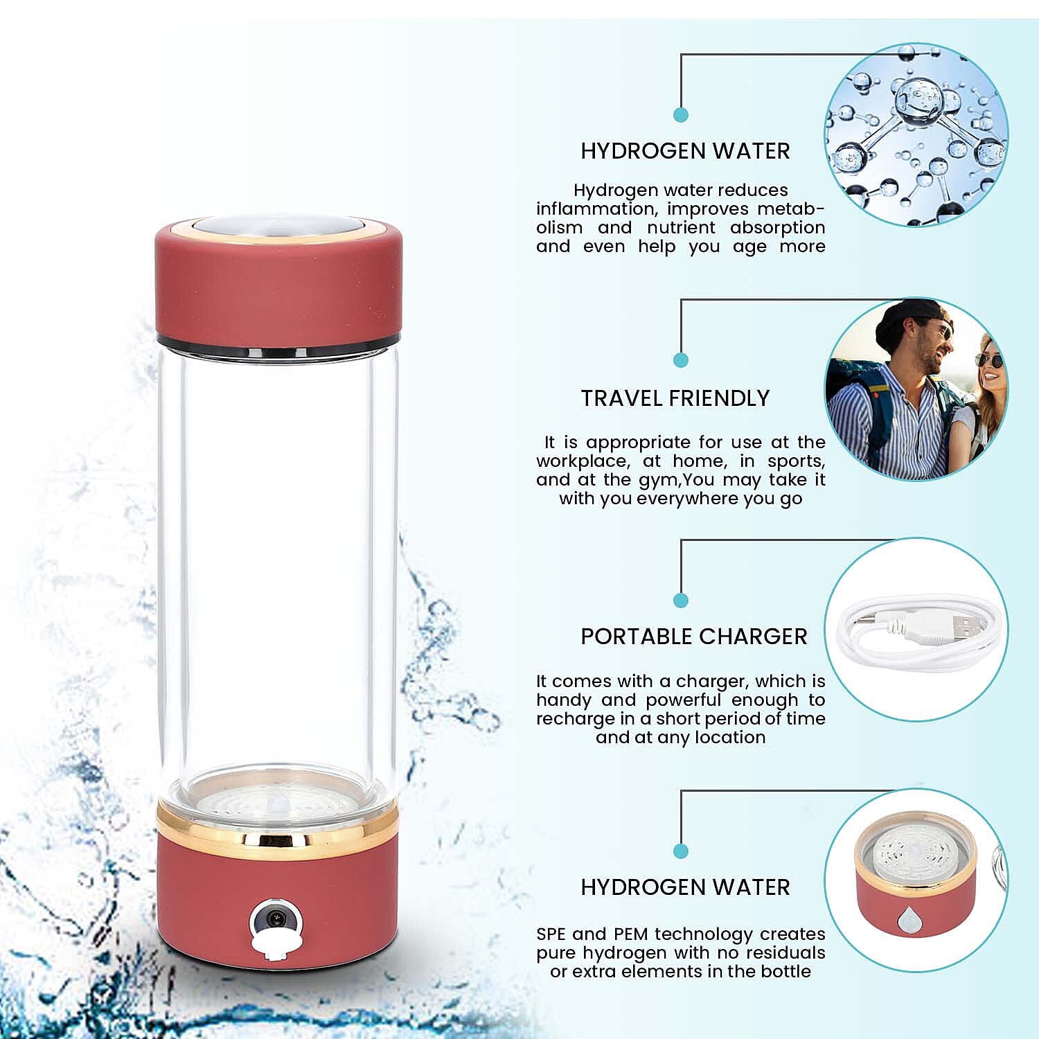 380ml Portable Hydrogen Water Generator Bottle with SPE and PEM Technology (Size 7x21 Cm) - Red