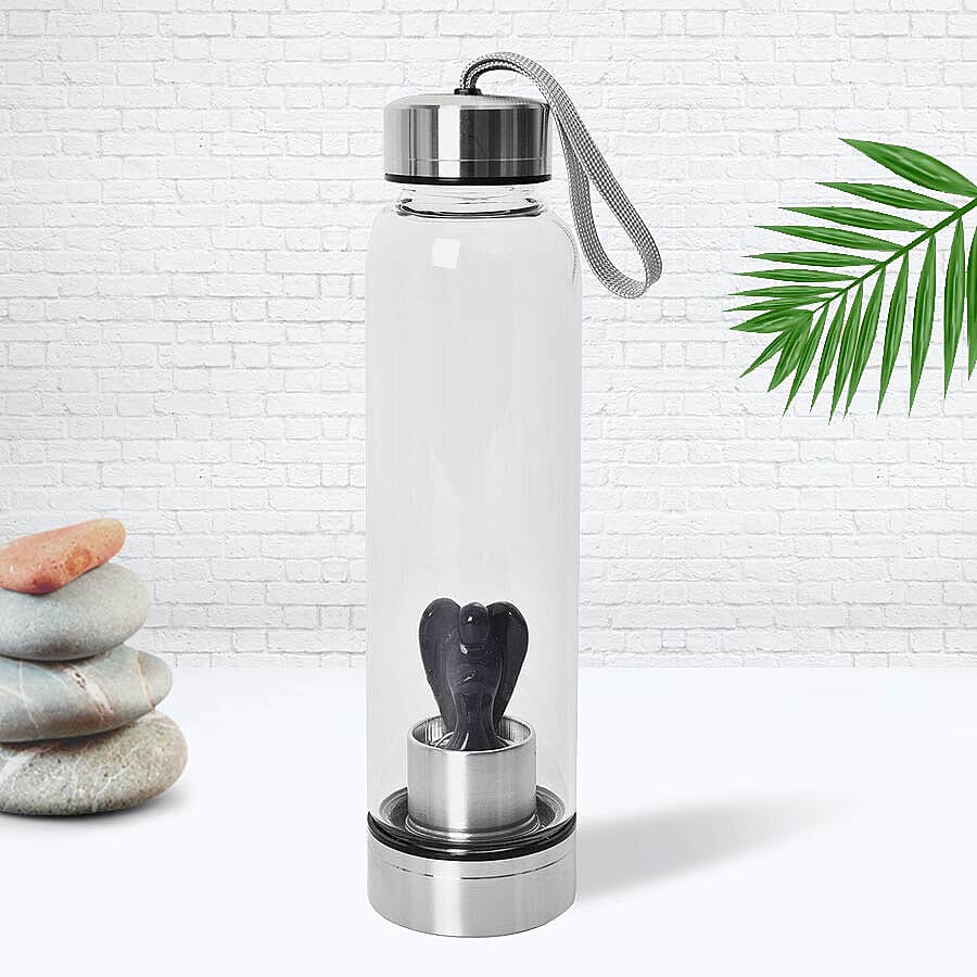 550 ML Black Obsidian Angel Figurine Crystal Elixir Water Bottle with Stainless Steel Cap (Size 24.5x6.5 Cm)