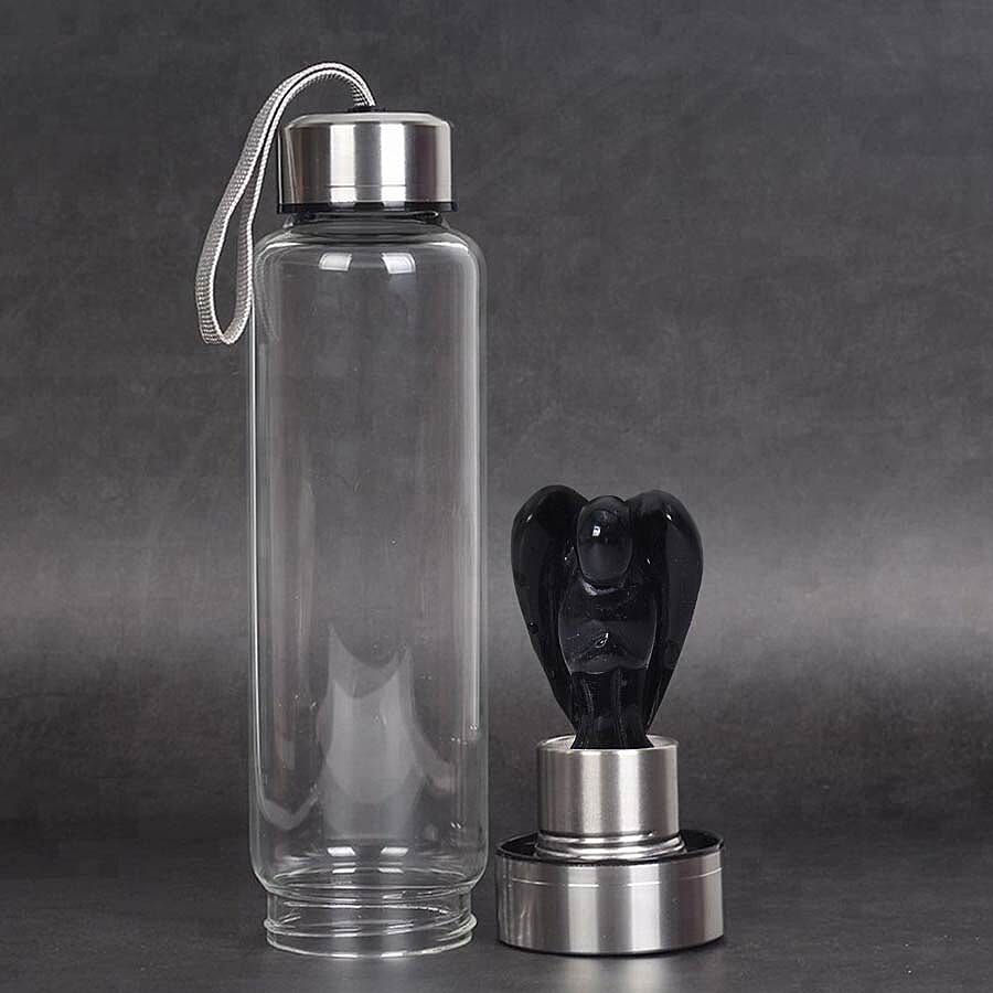 550 ML Black Obsidian Angel Figurine Crystal Elixir Water Bottle with Stainless Steel Cap (Size 24.5x6.5 Cm)
