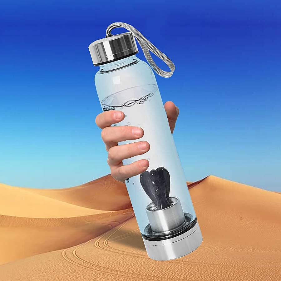 550 ML Black Obsidian Angel Figurine Crystal Elixir Water Bottle with Stainless Steel Cap (Size 24.5x6.5 Cm)