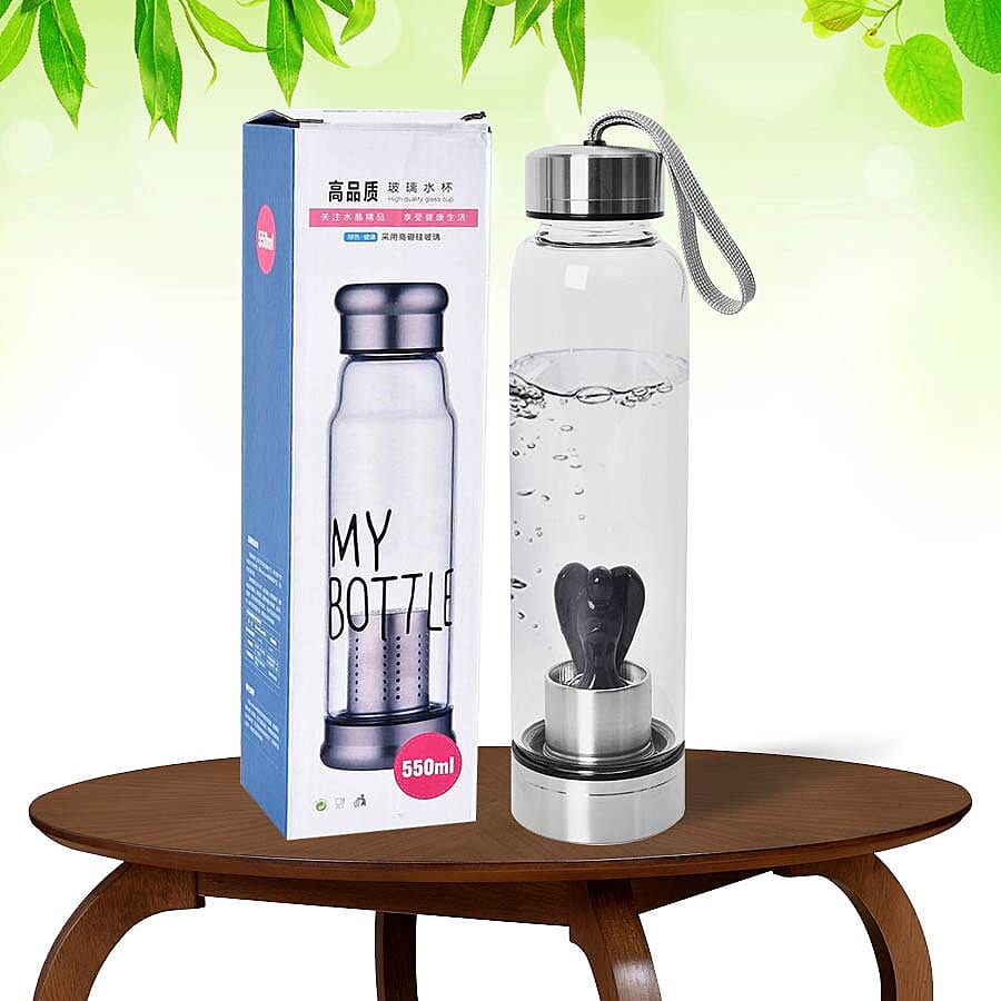 550 ML Black Obsidian Angel Figurine Crystal Elixir Water Bottle with Stainless Steel Cap (Size 24.5x6.5 Cm)