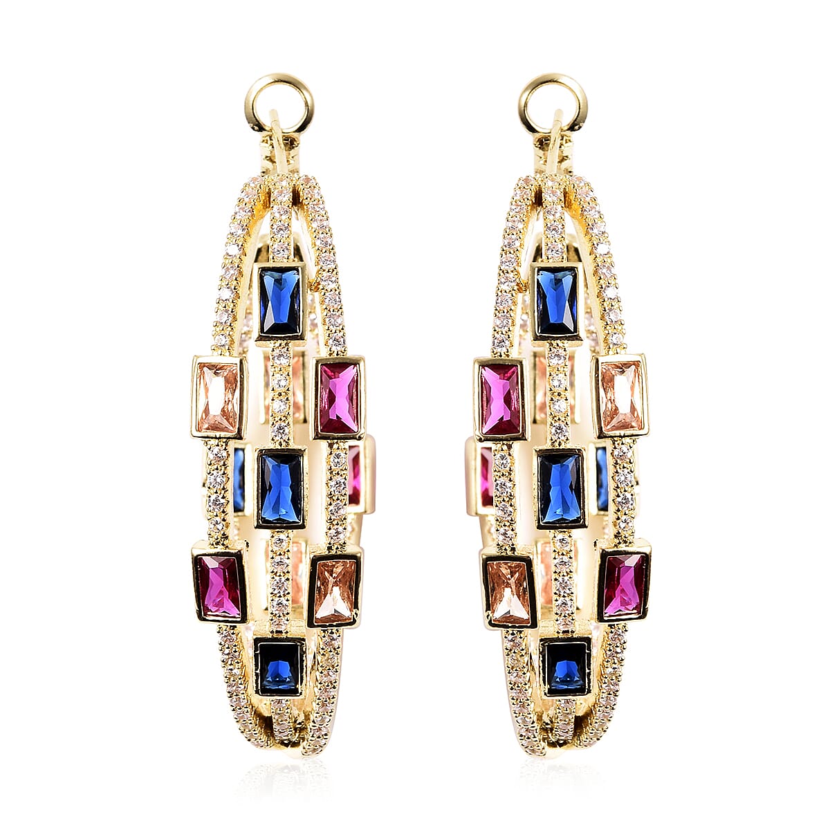 Simulated Multi Colour Gemstone Earrings with Clasp in Gold Tone