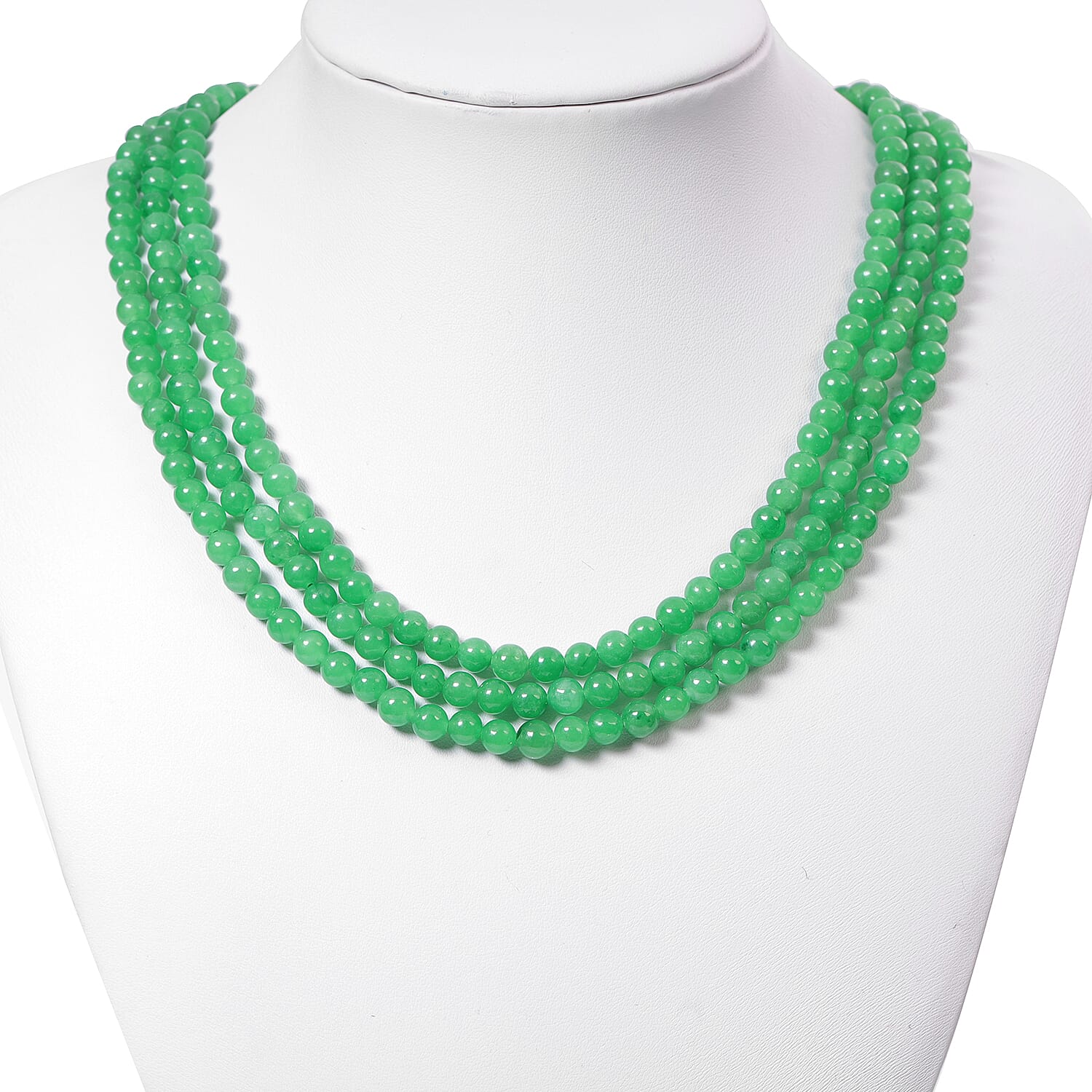 Green Jade Three Strand Bead Necklace (Size 18) with Magnetic Clasp in Sterling Silver 436.00 Ct.