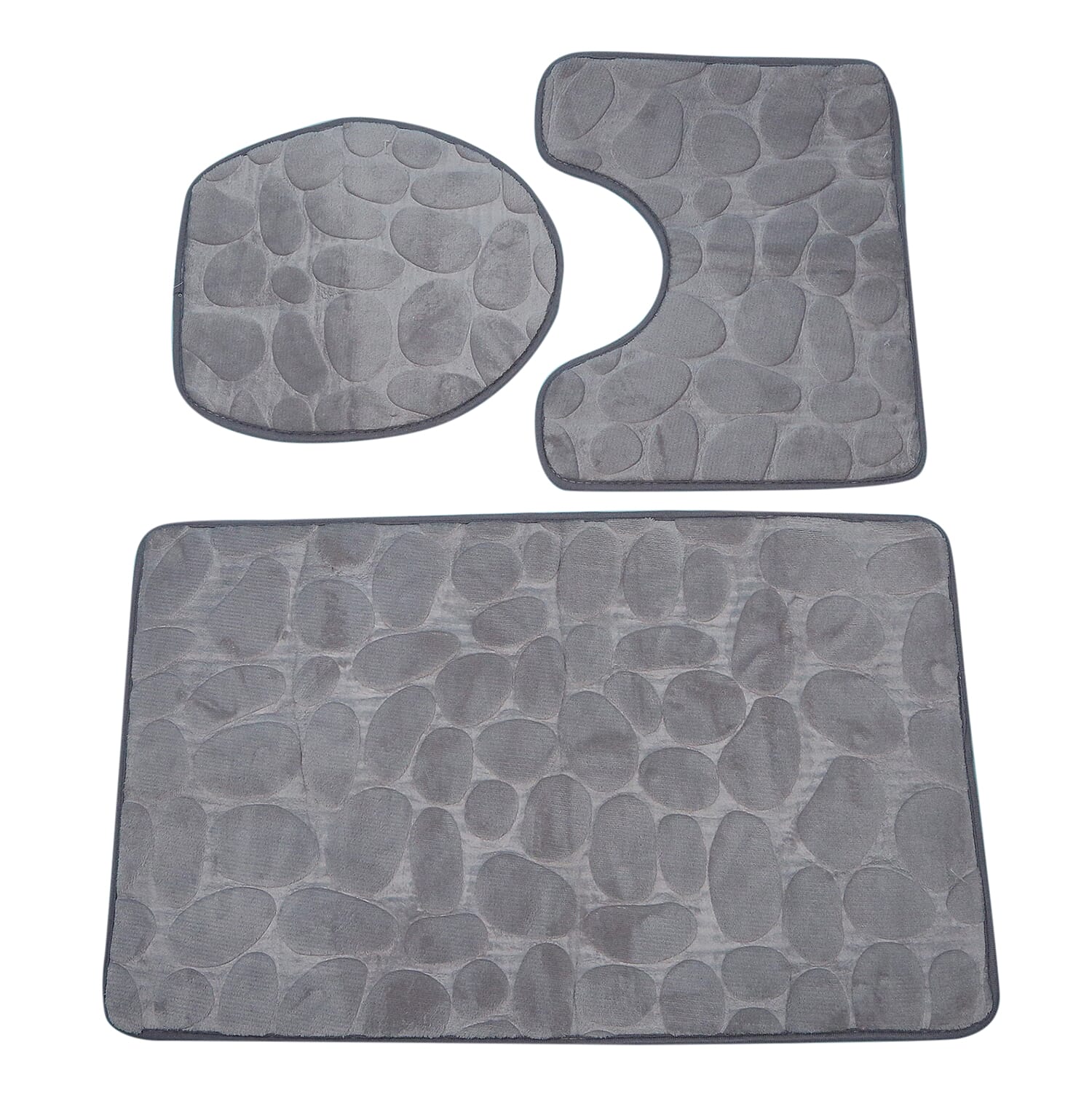 3 Piece Round Stone Embossed Pattern Bathmat Set - Toilet Mat, Bath Mat and Toilet Seat Cover in Grey