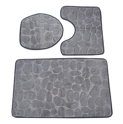 3 Piece Round Stone Embossed Pattern Bathmat Set - Toilet Mat, Bath Mat and Toilet Seat Cover in Grey