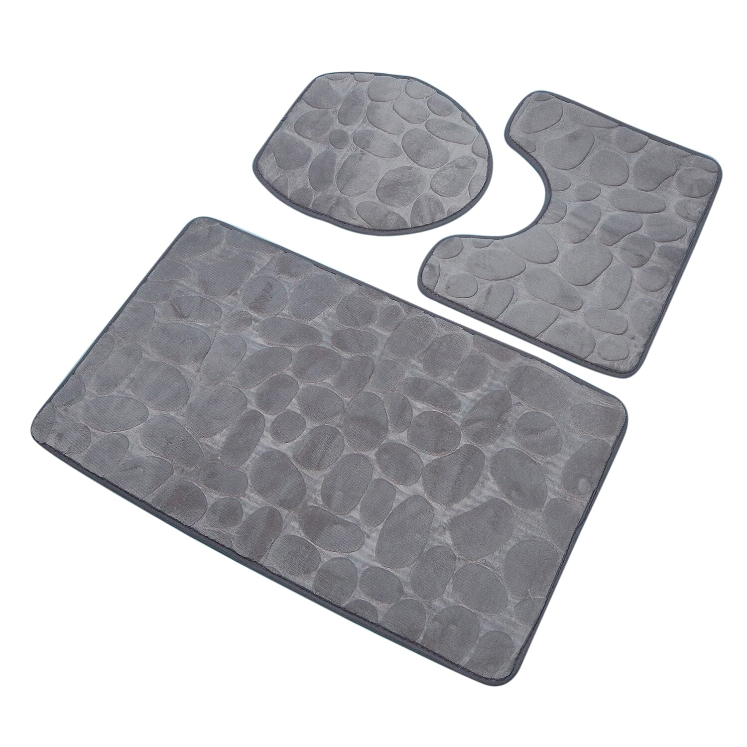 3 Piece Round Stone Embossed Pattern Bathmat Set - Toilet Mat, Bath Mat and Toilet Seat Cover in Grey