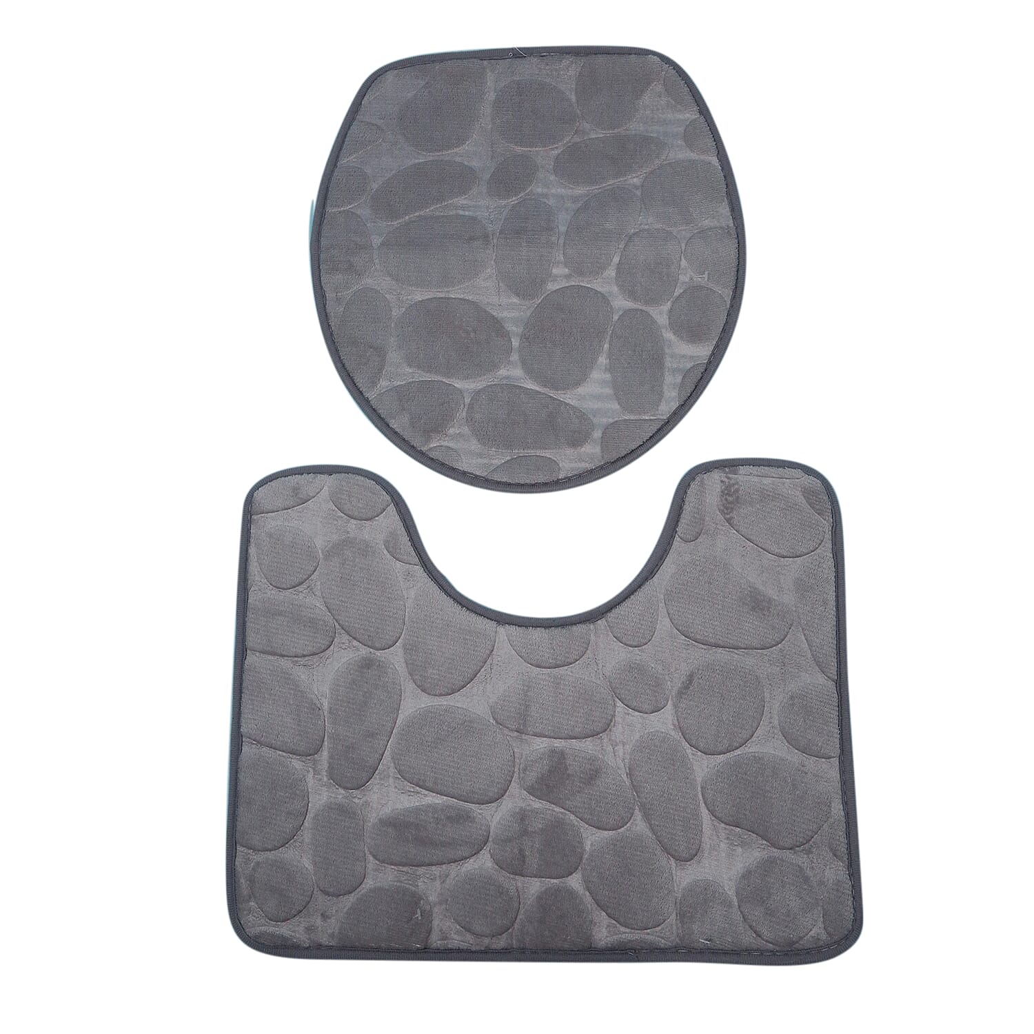 3 Piece Round Stone Embossed Pattern Bathmat Set - Toilet Mat, Bath Mat and Toilet Seat Cover in Grey