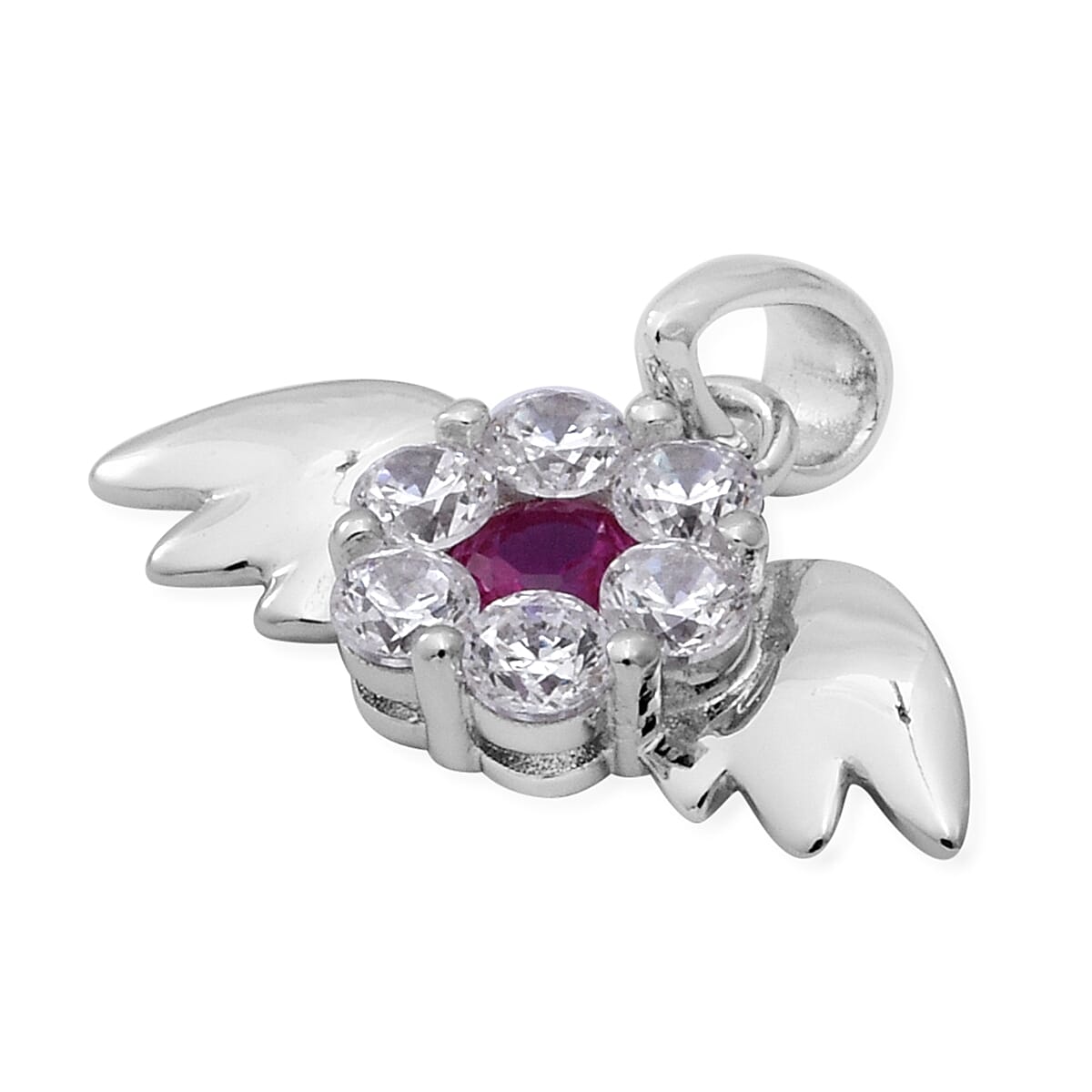 ELANZA Simulated Ruby and Simulated Diamond Angel Wing Theme Pendant in Rhodium Overlay Sterling Silver
