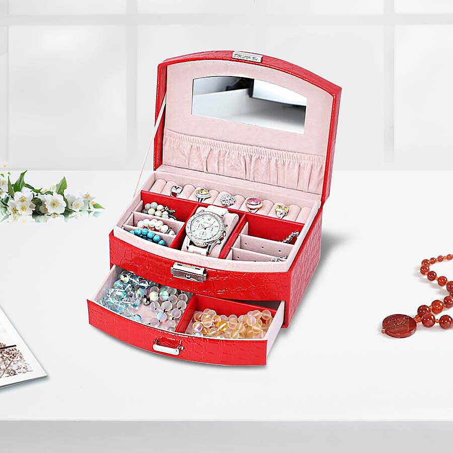 Croc-Embossed Two Layer Jewellery Box in Red