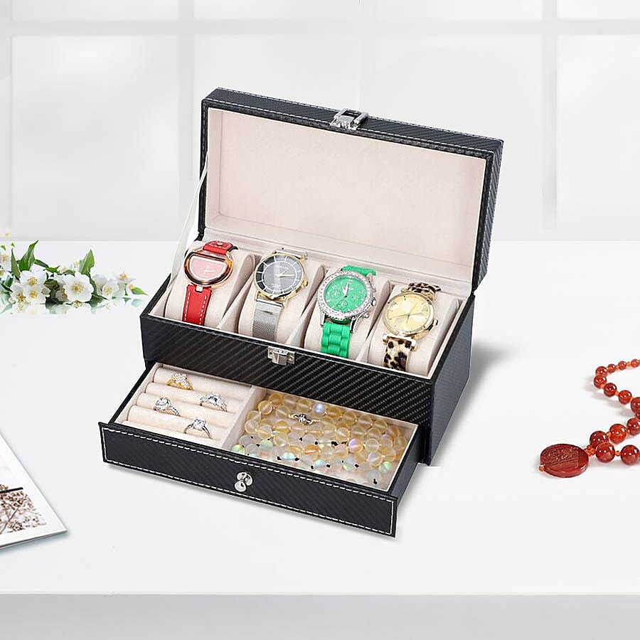 Two-Tier Jewellery Box with Padded Watch Slots (22.3x10.7x11cm) - Black