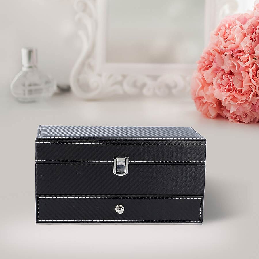 Two-Tier Jewellery Box with Padded Watch Slots (22.3x10.7x11cm) - Black
