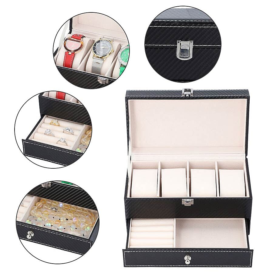 Two-Tier Jewellery Box with Padded Watch Slots (22.3x10.7x11cm) - Black