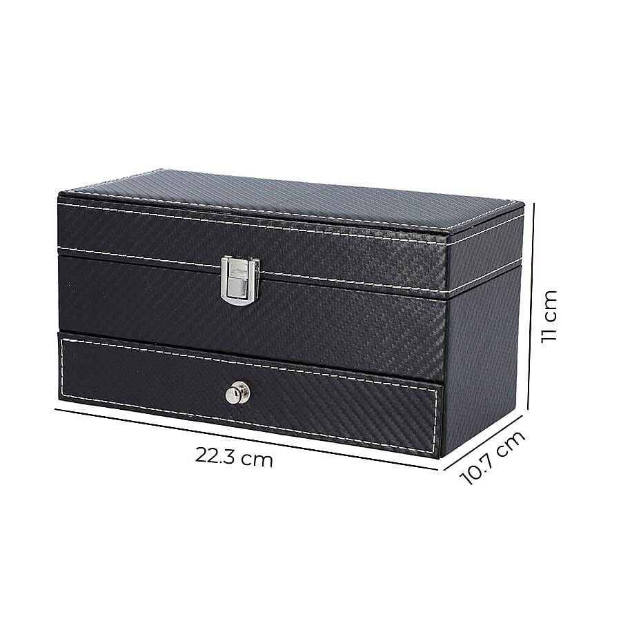 Two-Tier Jewellery Box with Padded Watch Slots (22.3x10.7x11cm) - Black
