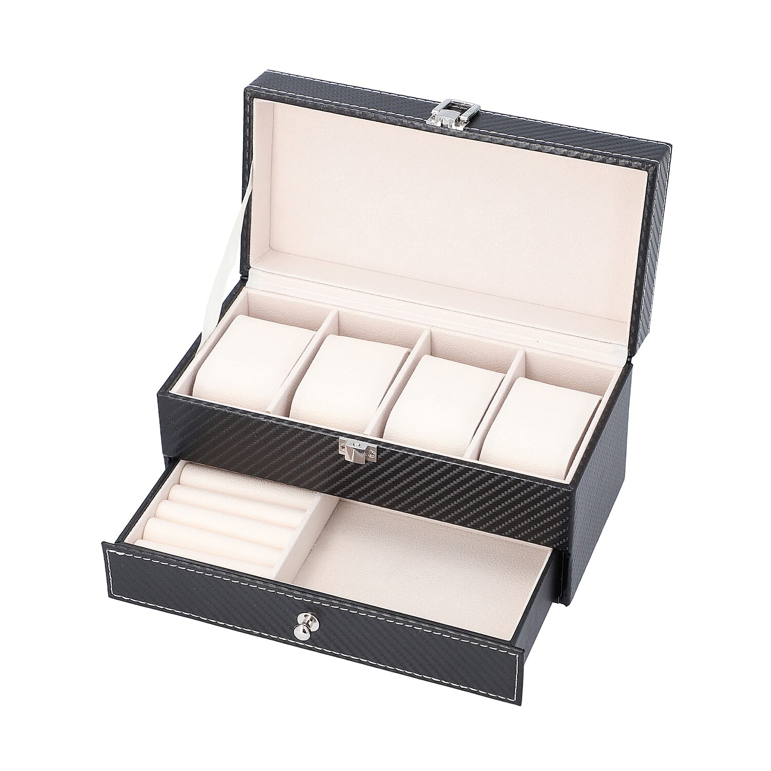 Two-Tier Jewellery Box with Padded Watch Slots (22.3x10.7x11cm) - Black