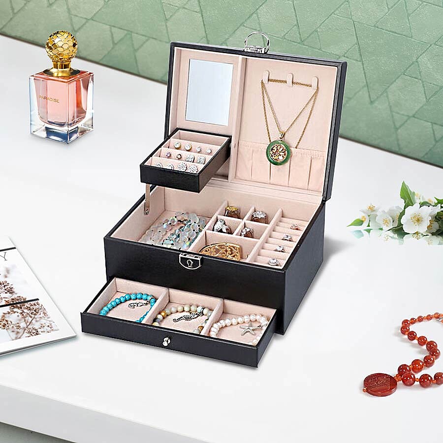 Checker Quilted Pattern Three-Layer Jewellery Box in Black