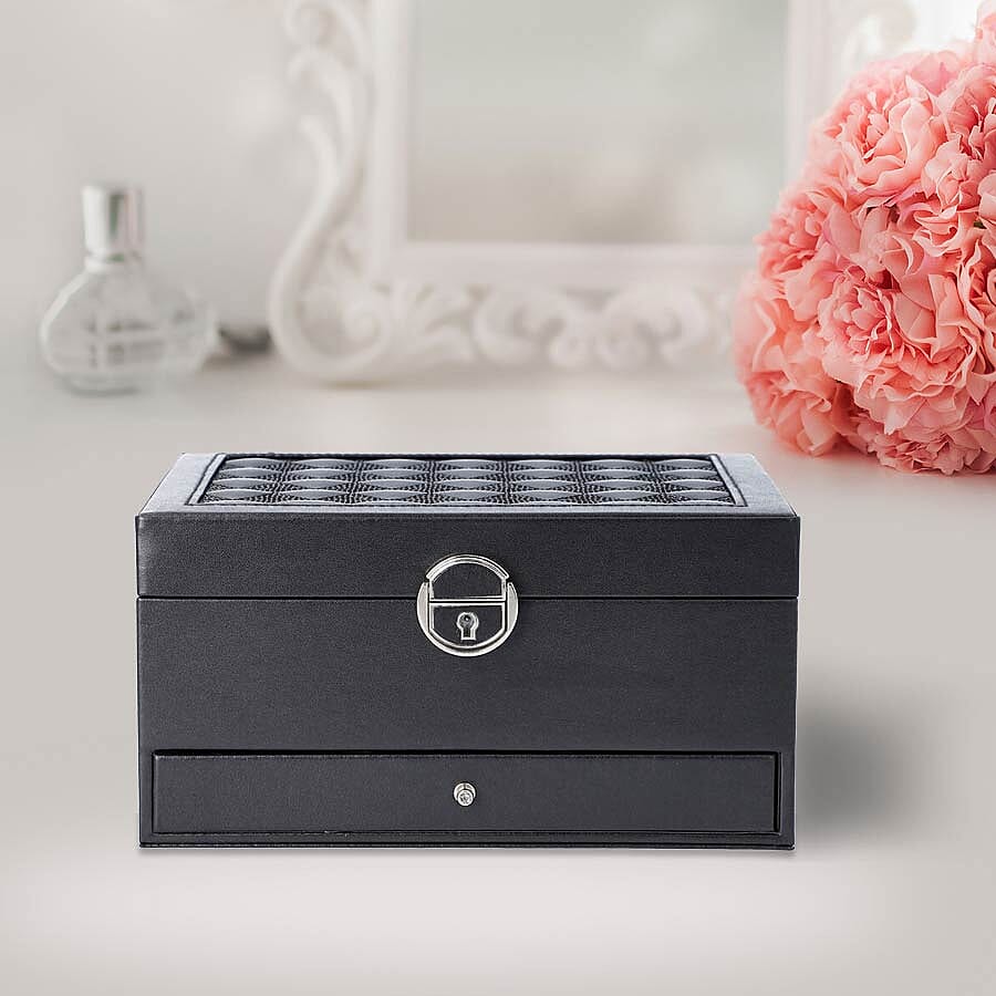 Checker Quilted Pattern Three-Layer Jewellery Box in Black