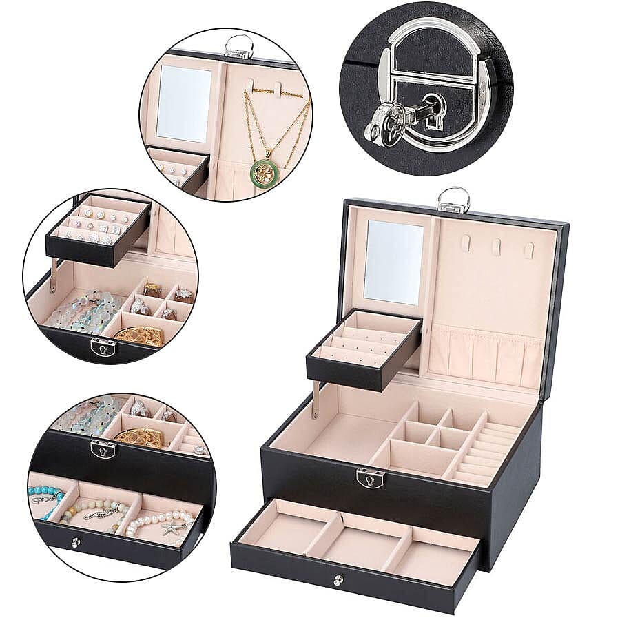 Checker Quilted Pattern Three-Layer Jewellery Box in Black