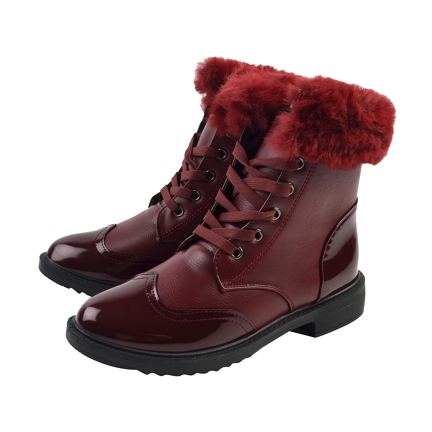 Warm Faux Fur Lace-up Winter Ankle Boots (Size 3) - Burgundy