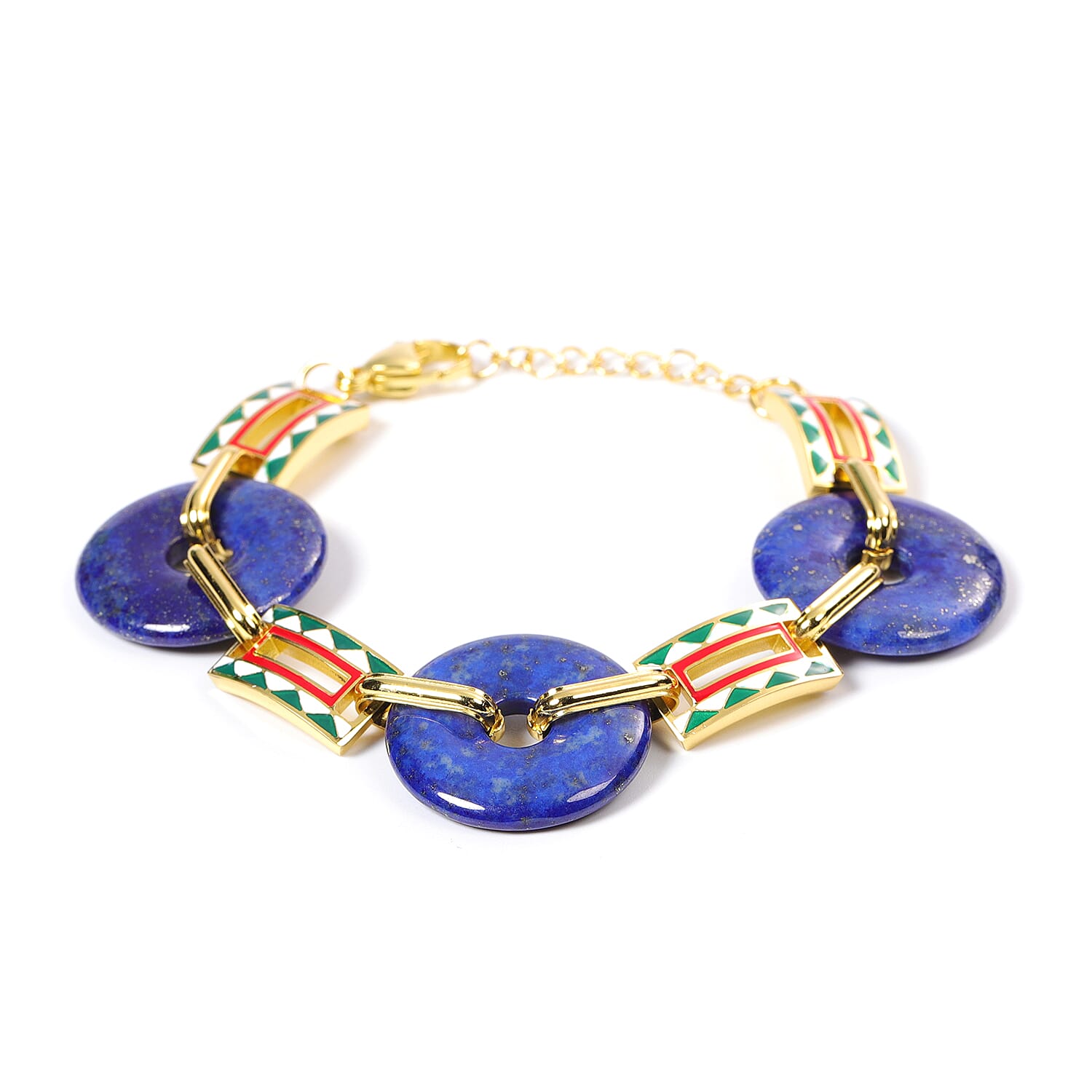 Lapis Lazuli  Donut Shape Linked Bracelet (Size 7 with 1 inch Extender) in Stainless Steel
