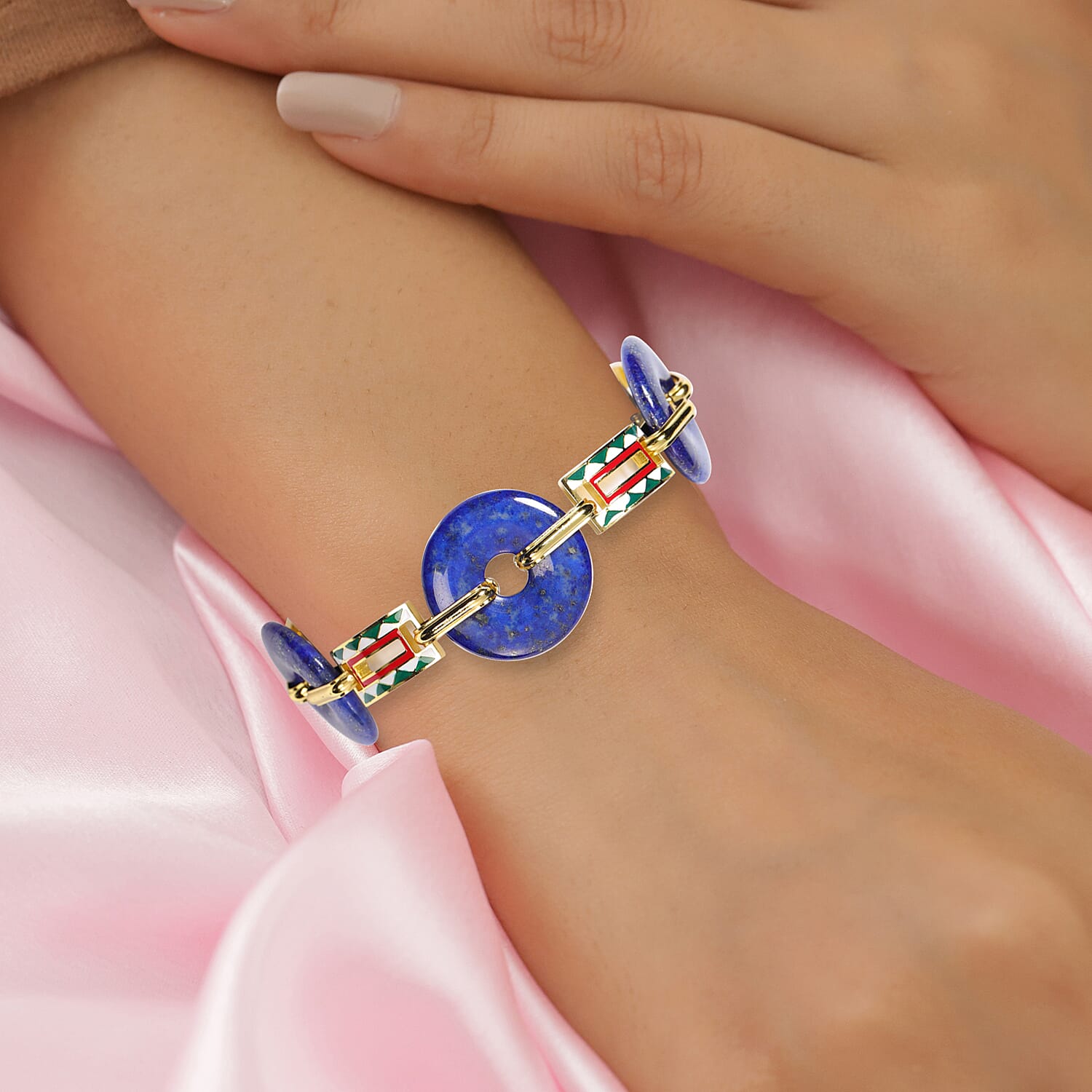 Lapis Lazuli  Donut Shape Linked Bracelet (Size 7 with 1 inch Extender) in Stainless Steel