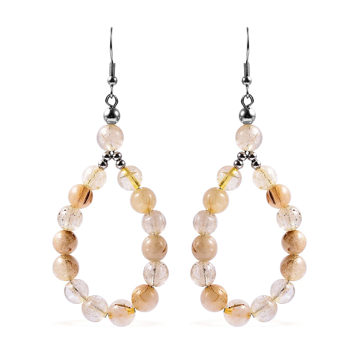 Golden Rutilated Quartz Beads Hook Earrings (with Push Back) in Silver Tone 95.50 Ct.
