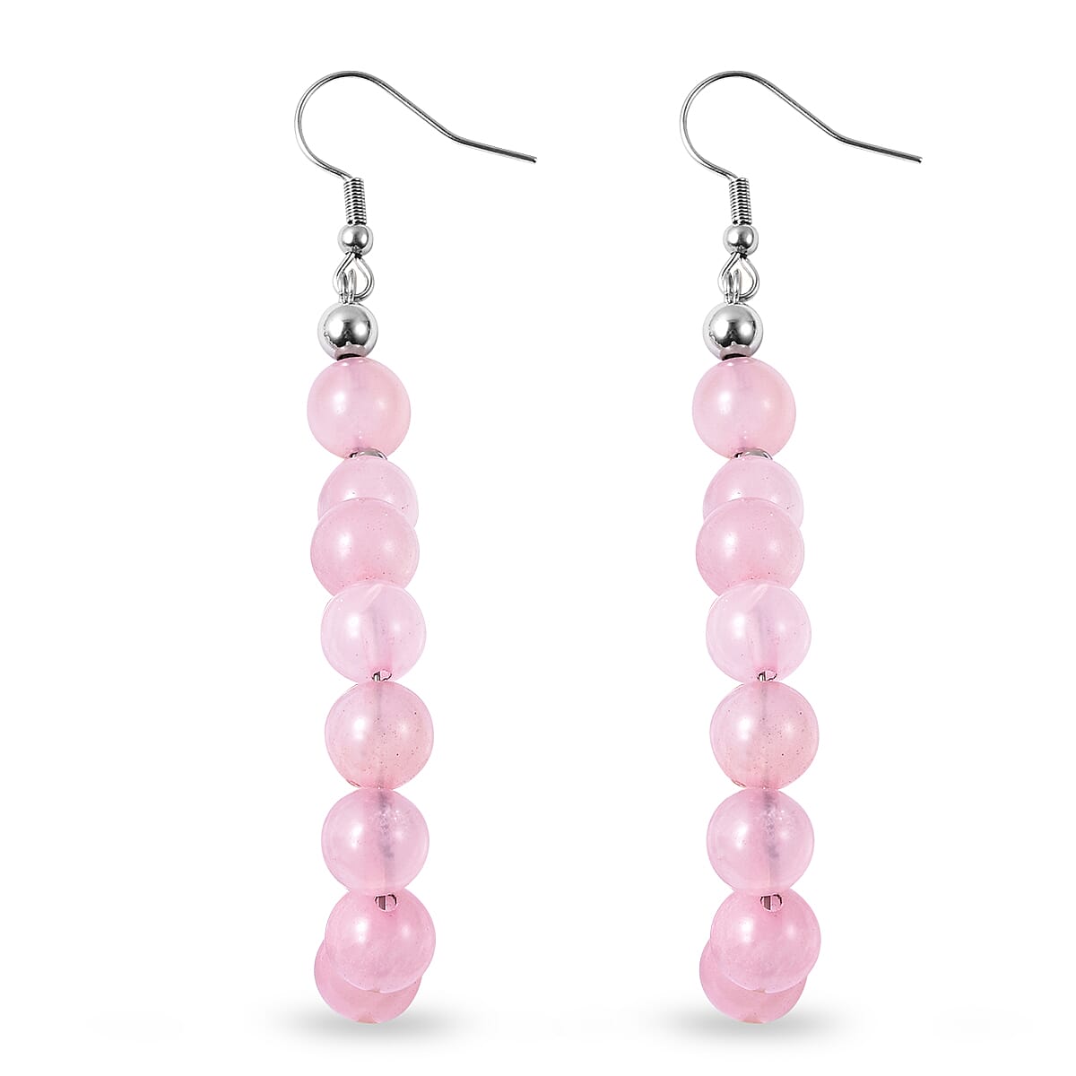 Rose Quartz Beads Hook Earrings (with Push Back) in Silver Tone 112.50 Ct.
